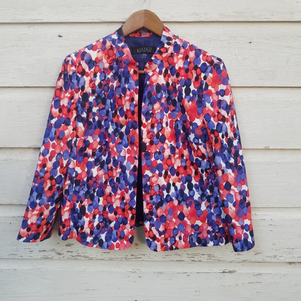 Kasper Blue Red Abstract Print Open Blazer